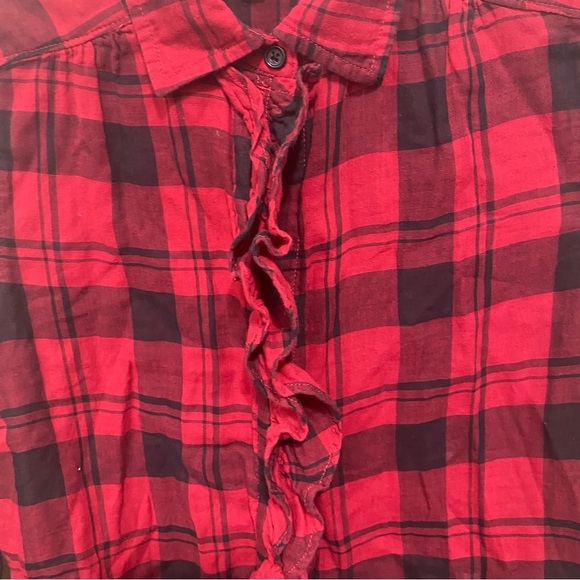 Gap Red Black Plaid Ruffle Cotton Button Up Shirt - Picture 3 of 6